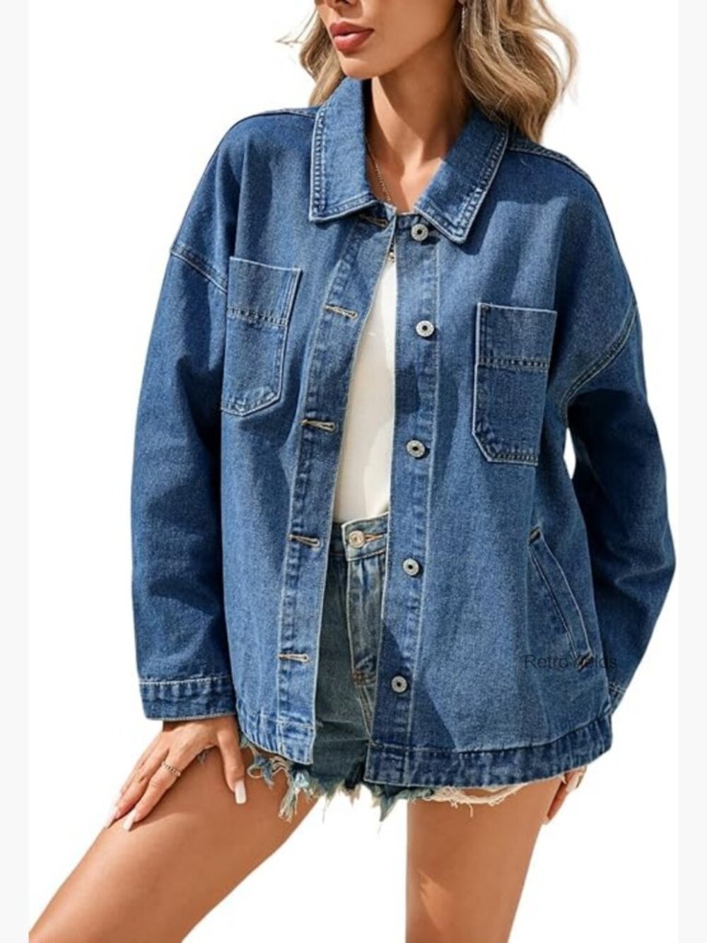 Women's Oversized Denim Jacket Button Down Long Sleeve Shacket with Pockets